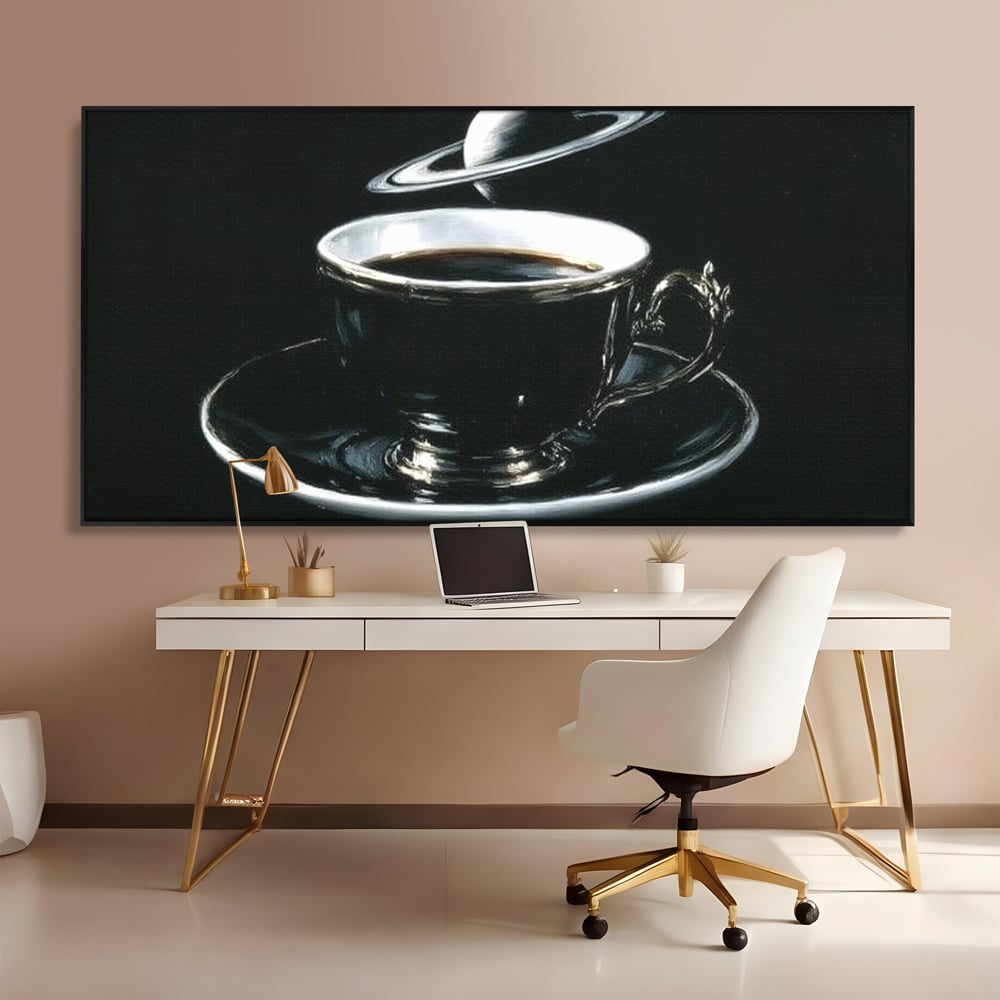 Tablou canvas cu tablou canvas cu ceasca de cafea si planeta, in rama de aluminiu negru, pe perete intr-un birou